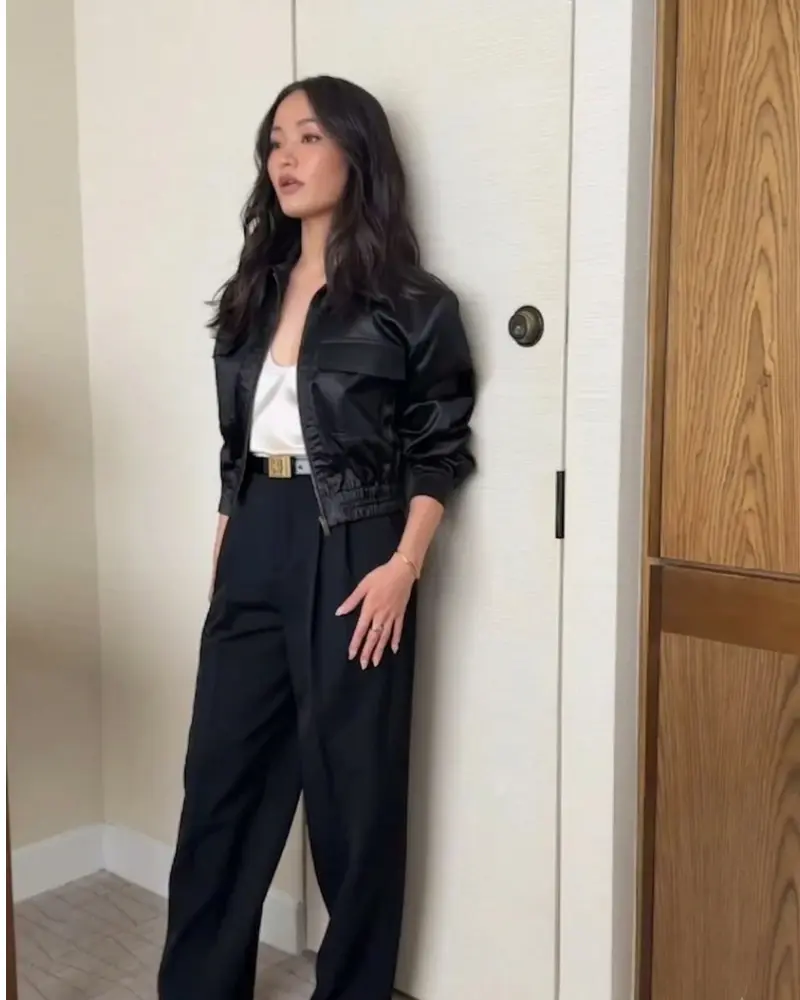 Anna Sawai 2026 How To Rob A Bank Promo Black Satin Jacket - Image 3