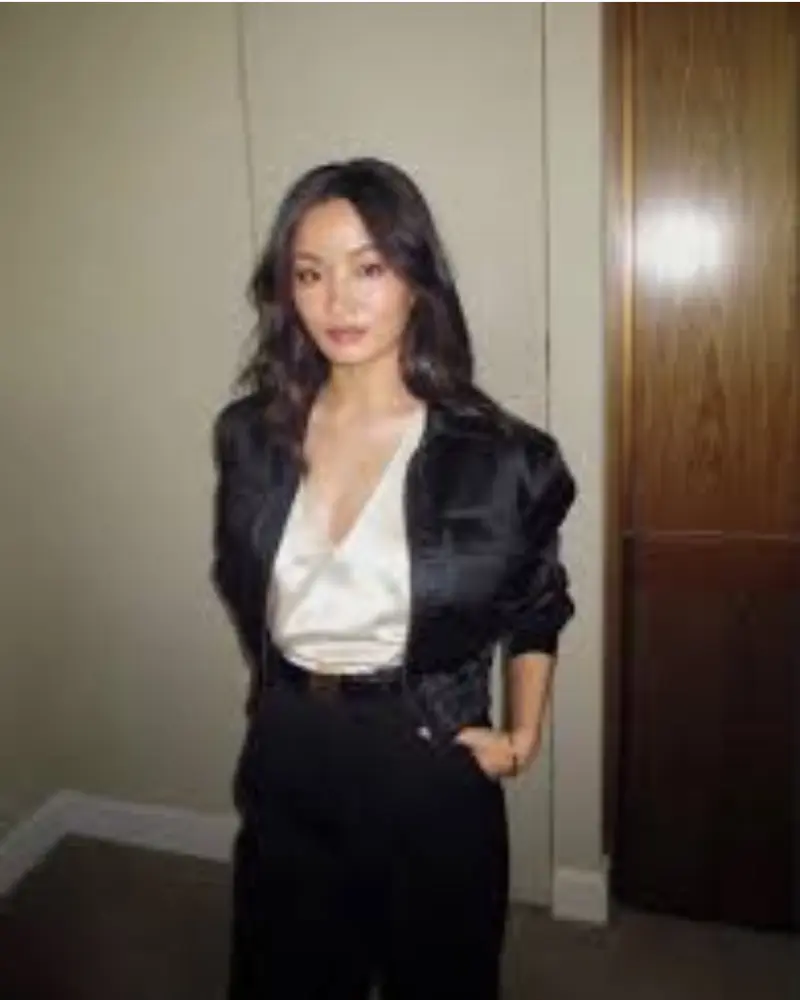 Anna Sawai 2026 How To Rob A Bank Promo Black Satin Jacket - Image 4