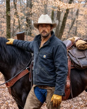 The Rescue 2027 Brandon Sklenar navy blue canvas work jacket with cowboy hat and horse