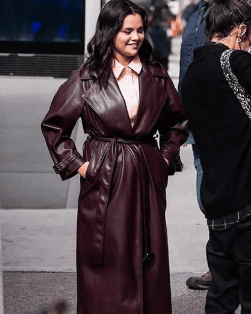 Mable Mora (Selena Gomes) Only Murders in the Building S06 Burgundy Leather Trench Coat - Image 2